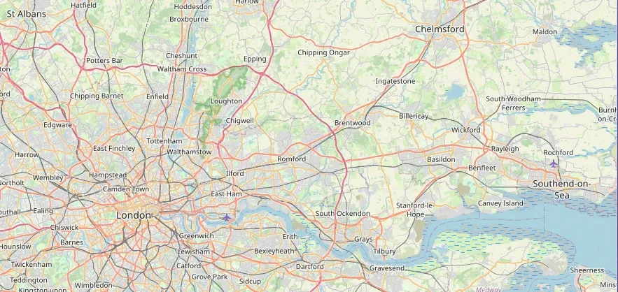 Map of the Southend, Romford area we cover